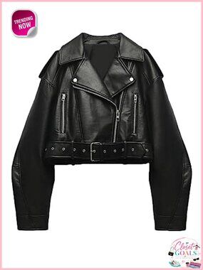 Faux Leather Cropped Biker Jacket with Belt